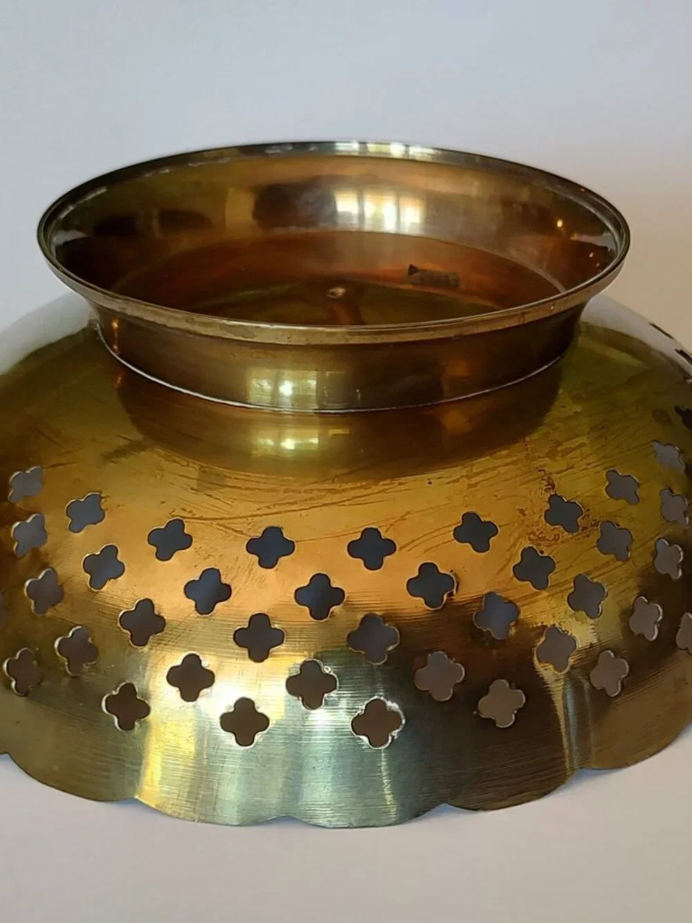 Vintage Indian Brass Pedestal Bowl Pierced Woven Design Enameled Floral Center